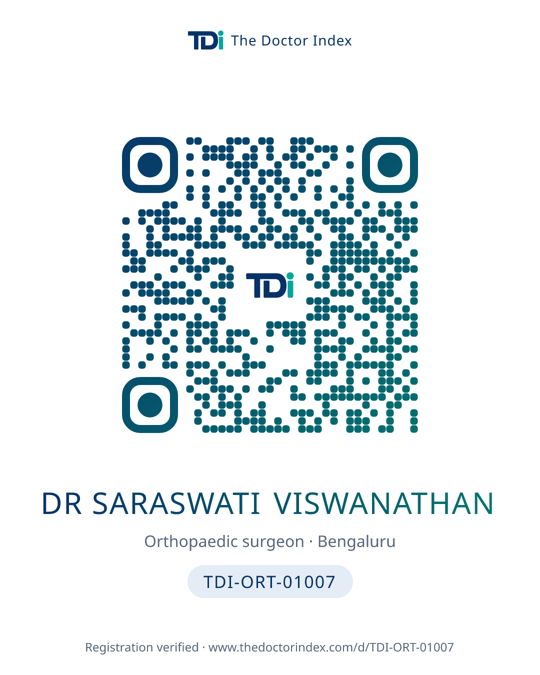 QR card for Dr Saraswati Viswanathan, TDI-ORT-01007