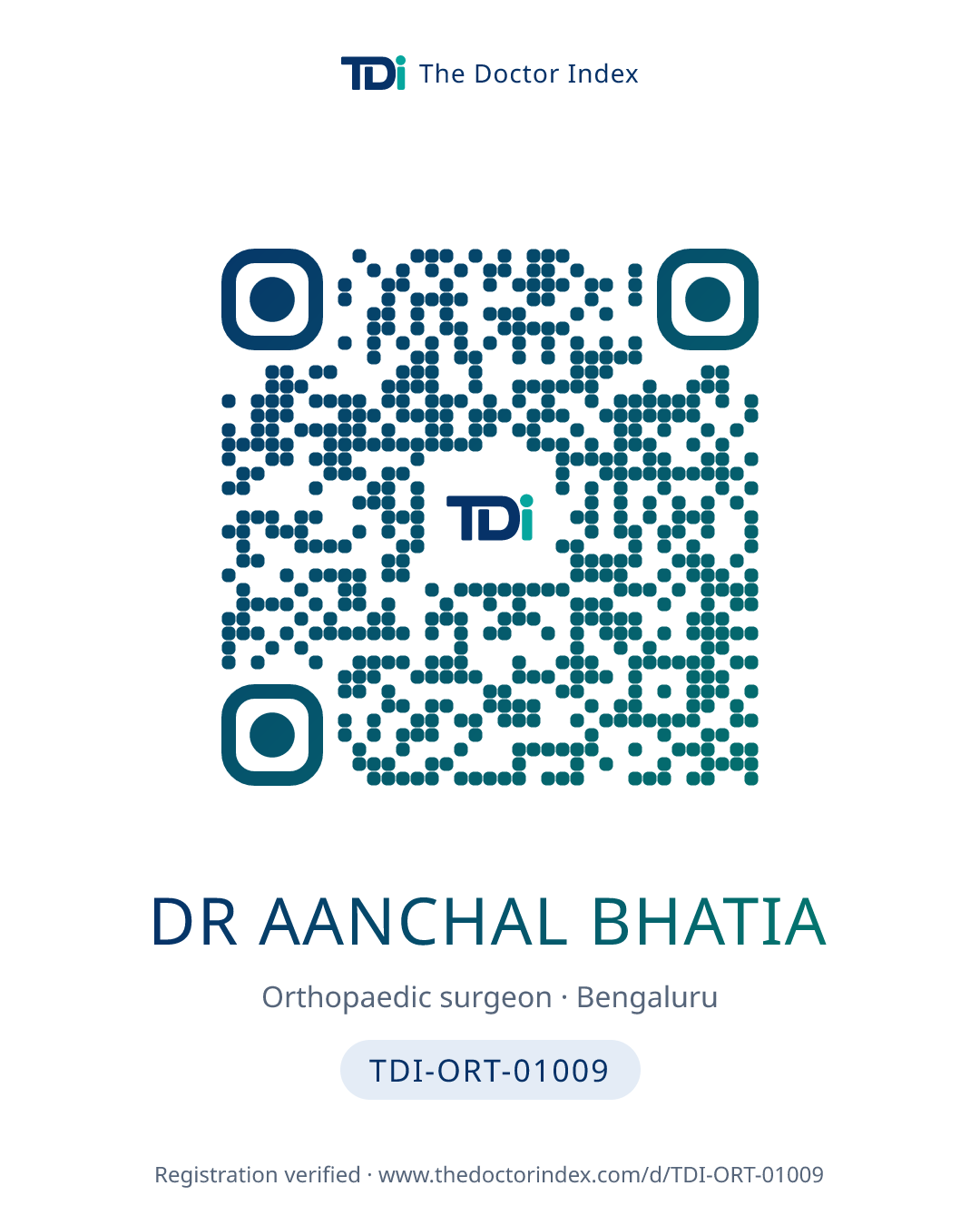 QR card for Dr Aanchal Bhatia, TDI-ORT-01009
