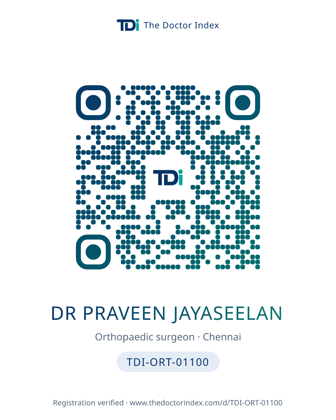 QR card for Dr Praveen Jayaseelan, TDI-ORT-01100