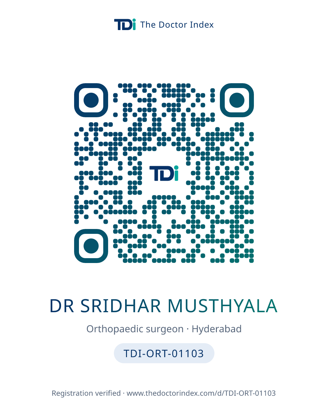 QR card for Dr Sridhar Musthyala, TDI-ORT-01103