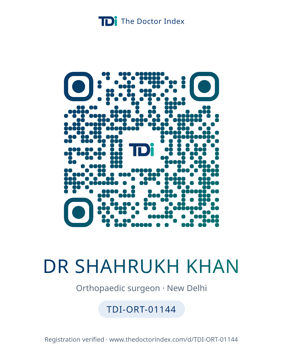 QR card for Dr shahrukh Khan, TDI-ORT-01144