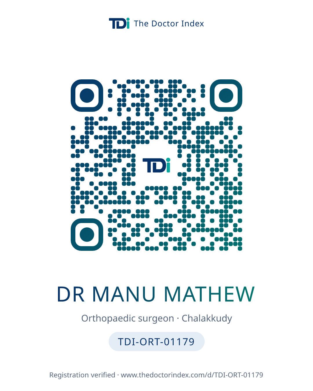 QR card for Dr Manu Mathew, TDI-ORT-01179