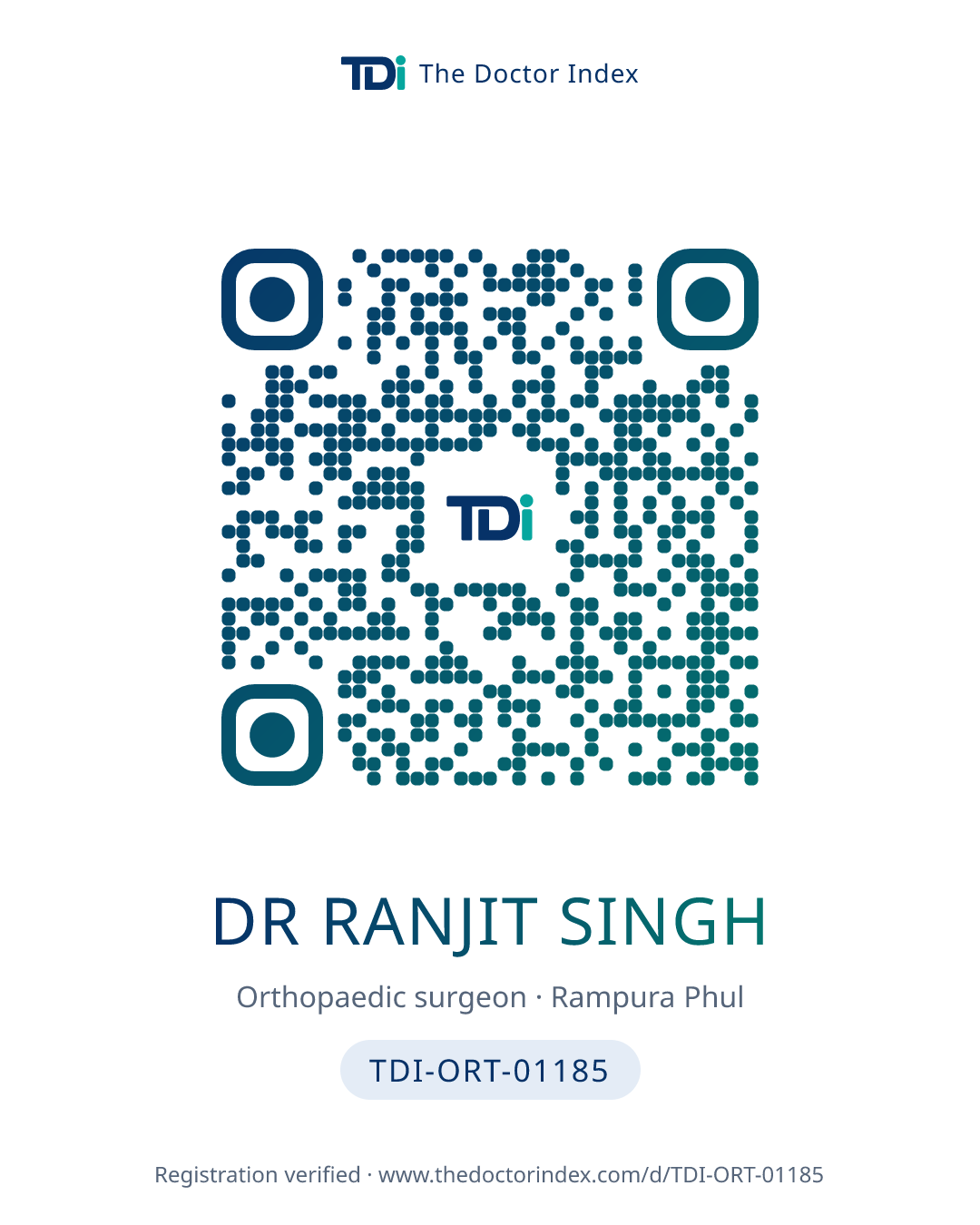 QR card for Dr Ranjit Singh, TDI-ORT-01185