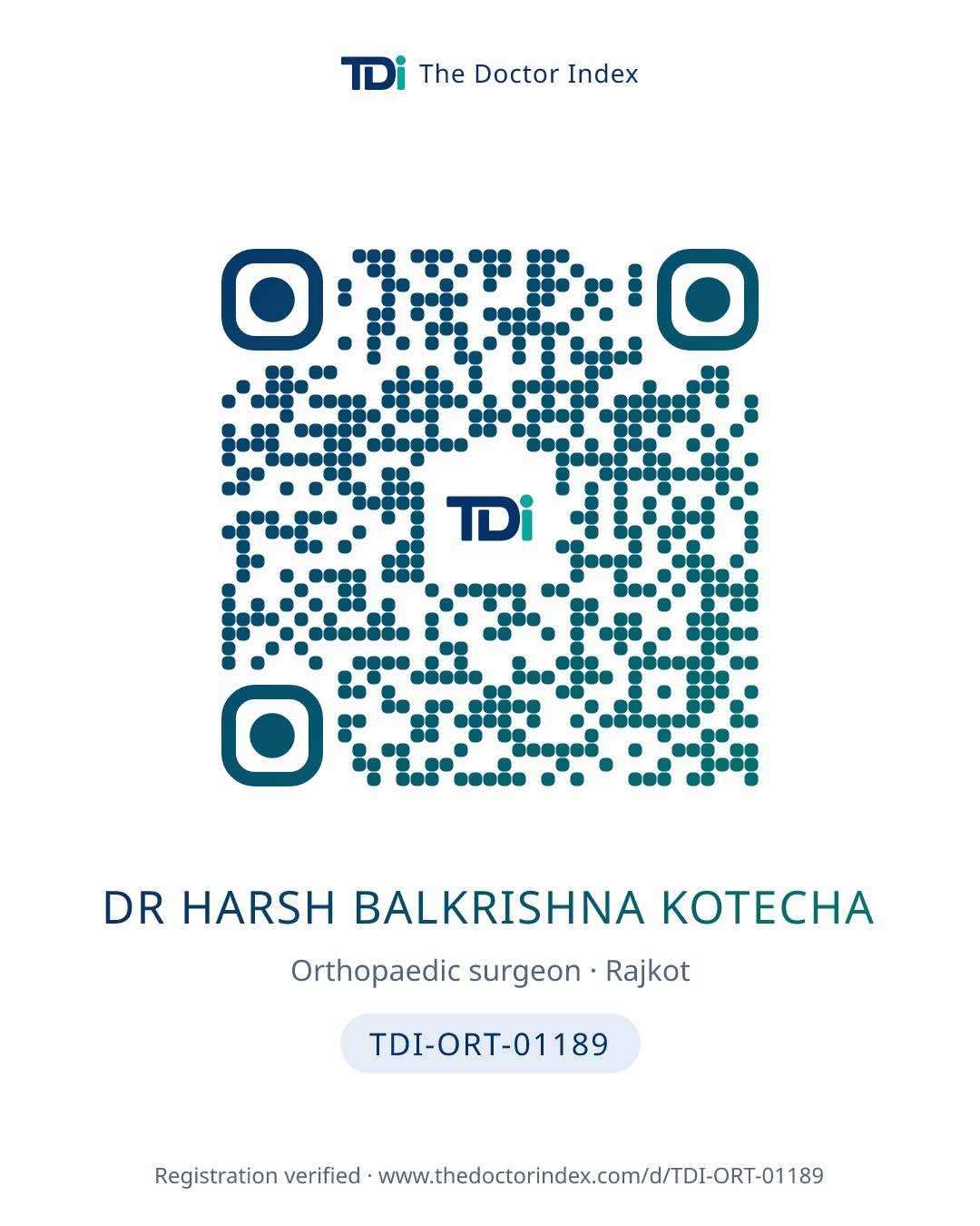 QR card for Dr Harsh Balkrishna Kotecha, TDI-ORT-01189