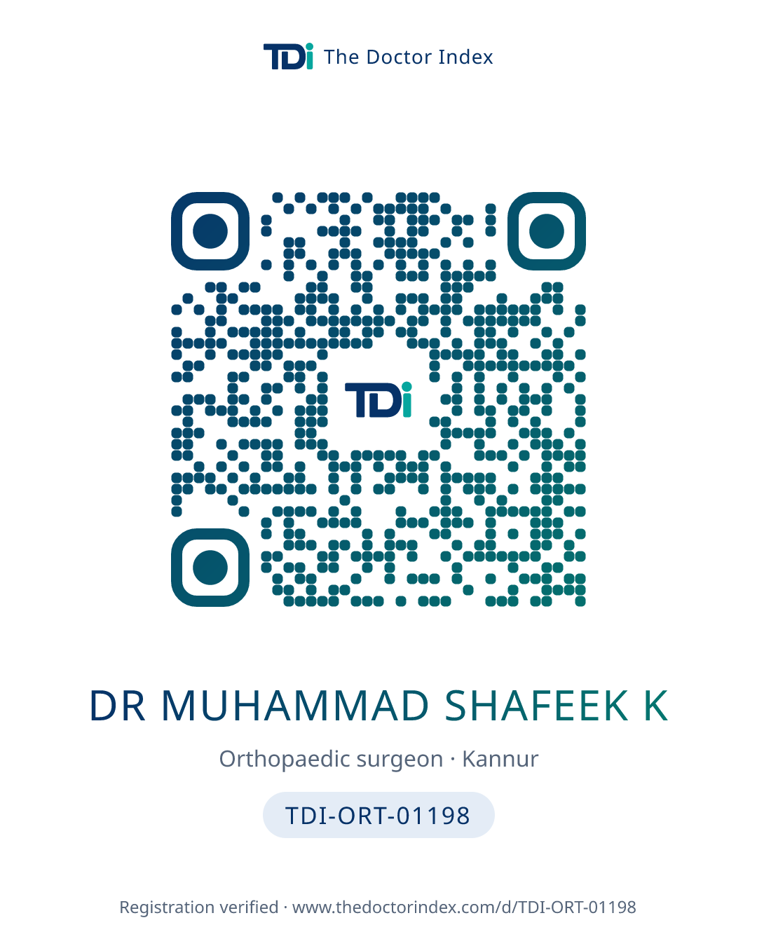 QR card for Dr Muhammad Shafeek K, TDI-ORT-01198