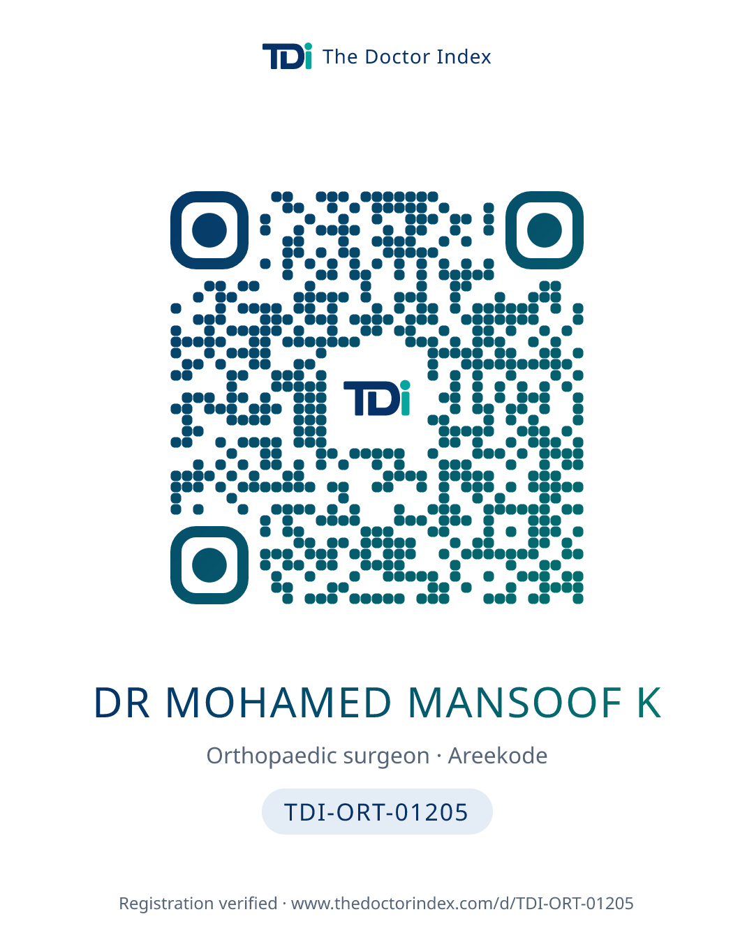 QR card for Dr Mohamed Mansoof K, TDI-ORT-01205