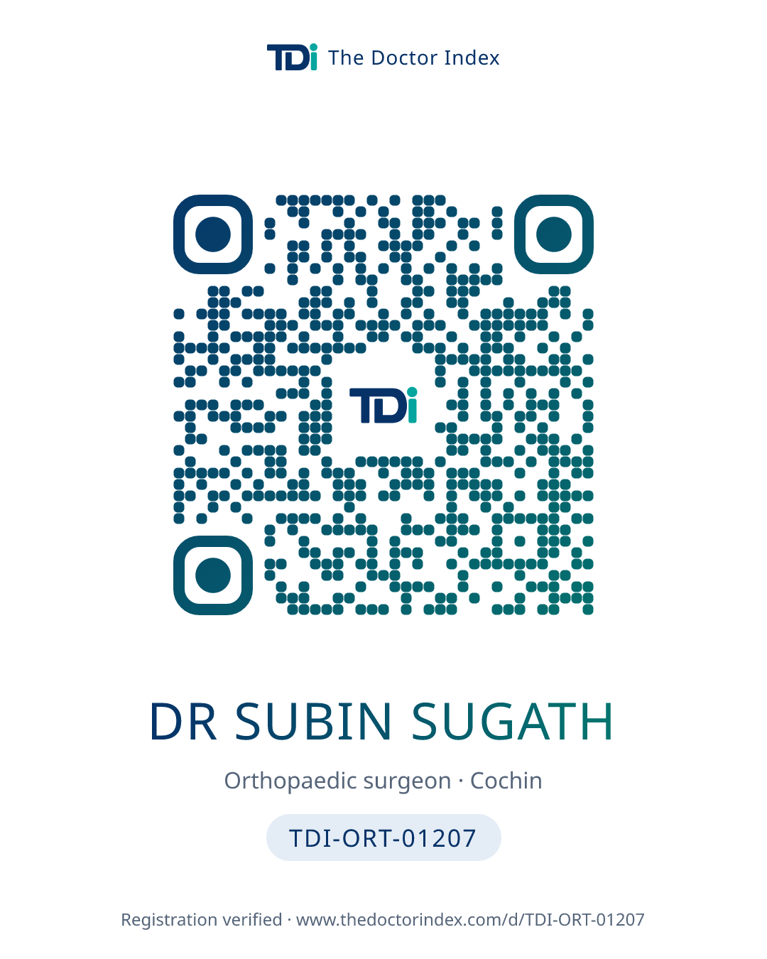 QR card for Dr Subin Sugath, TDI-ORT-01207