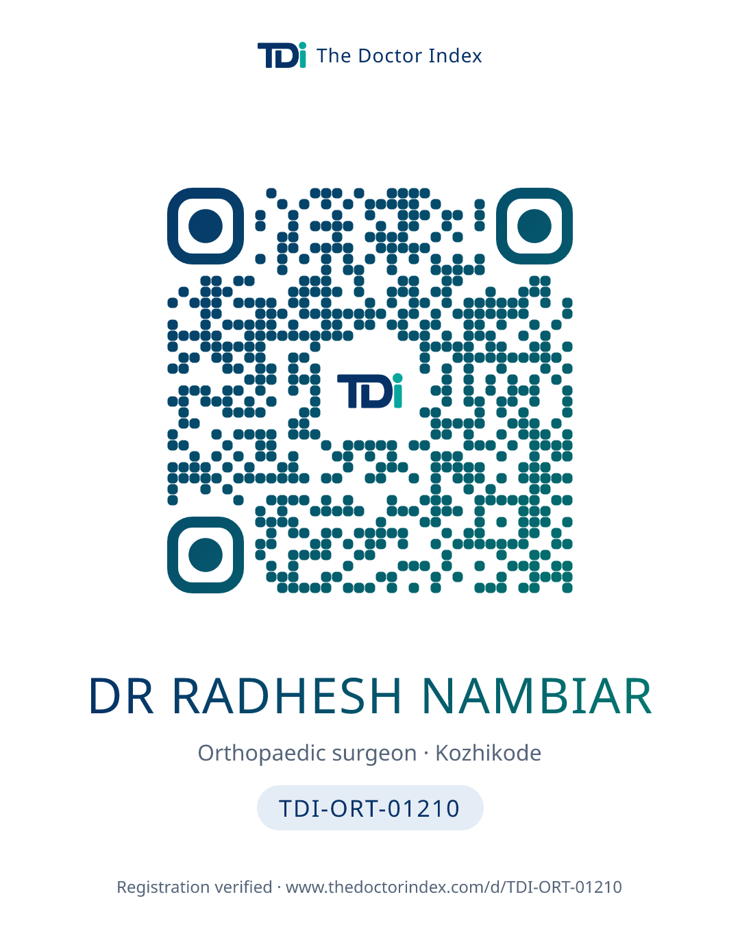 QR card for Dr Radhesh Nambiar, TDI-ORT-01210