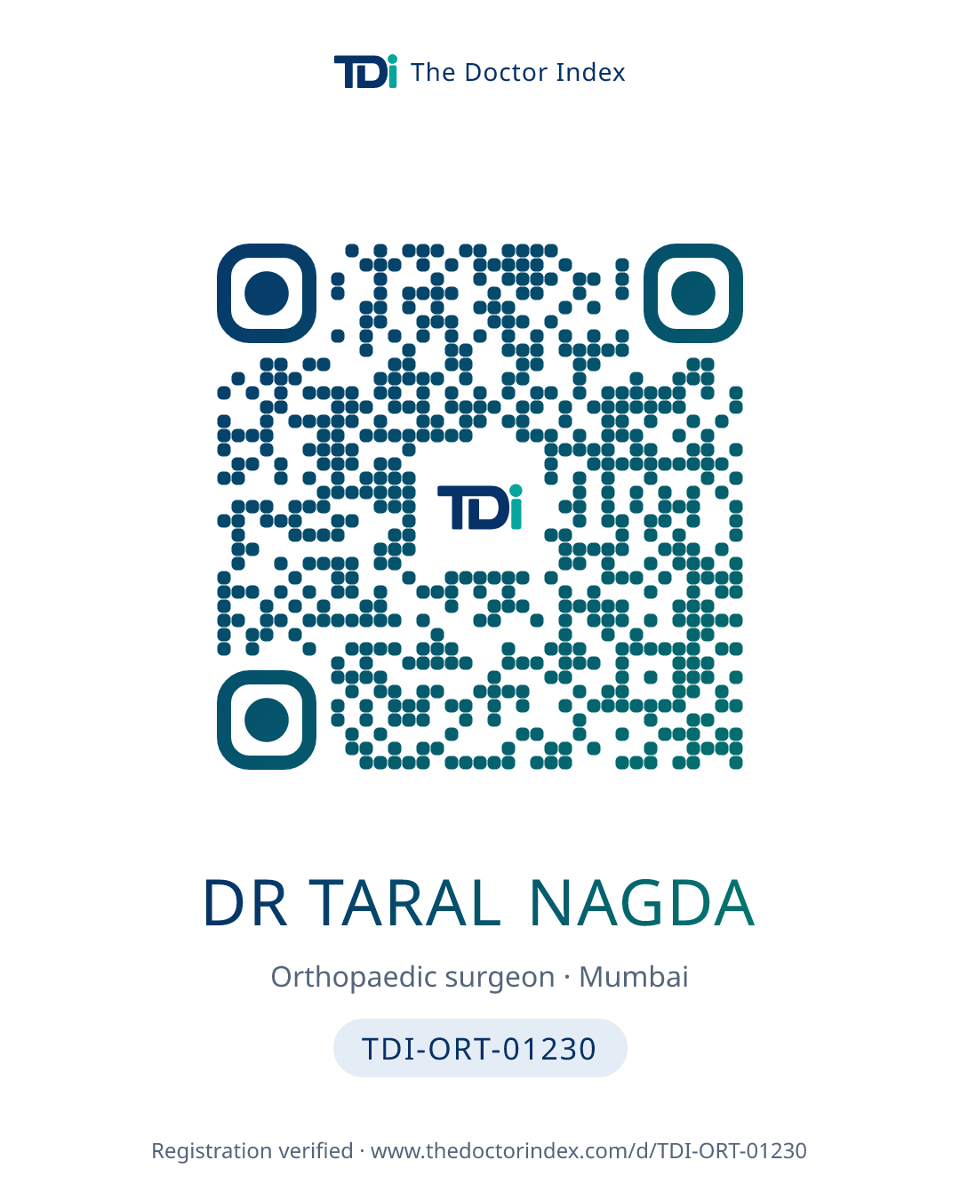 QR card for Dr Taral Nagda, TDI-ORT-01230