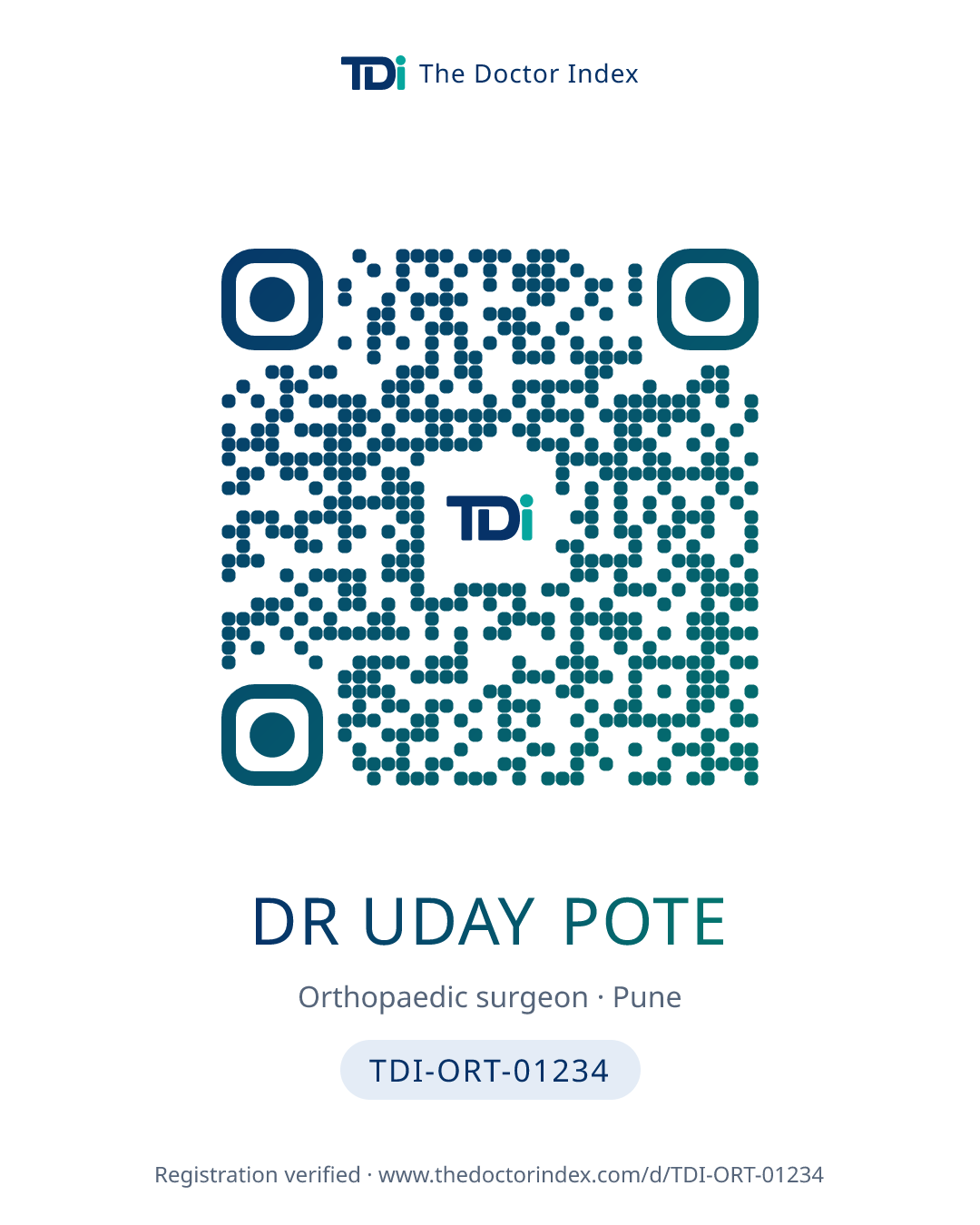 QR card for Dr Uday Pote, TDI-ORT-01234