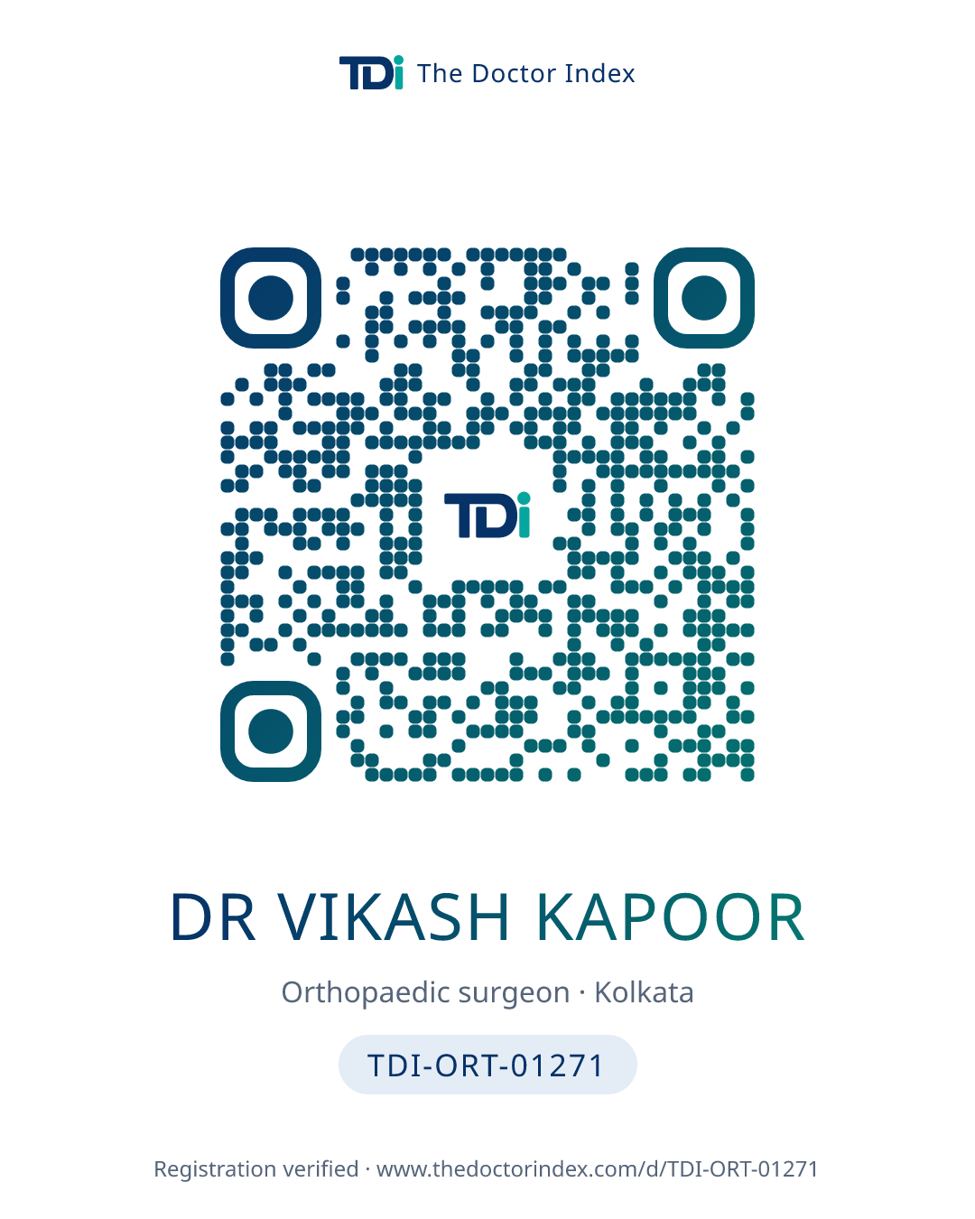 QR card for Dr Vikash Kapoor, TDI-ORT-01271