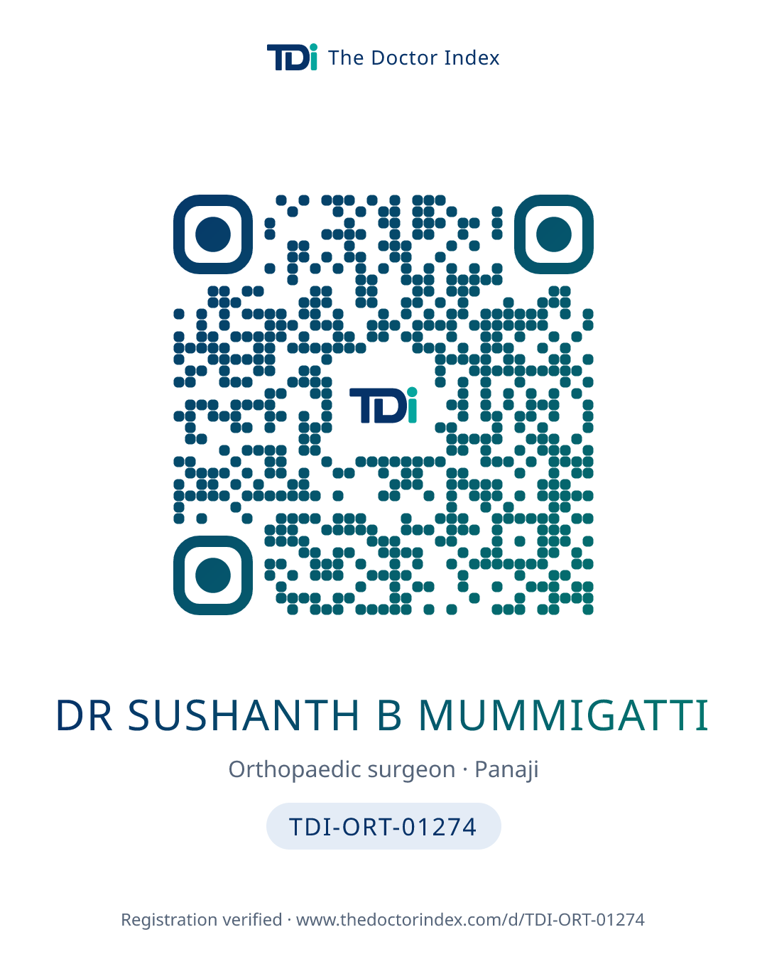 QR card for Dr Sushanth B Mummigatti, TDI-ORT-01274