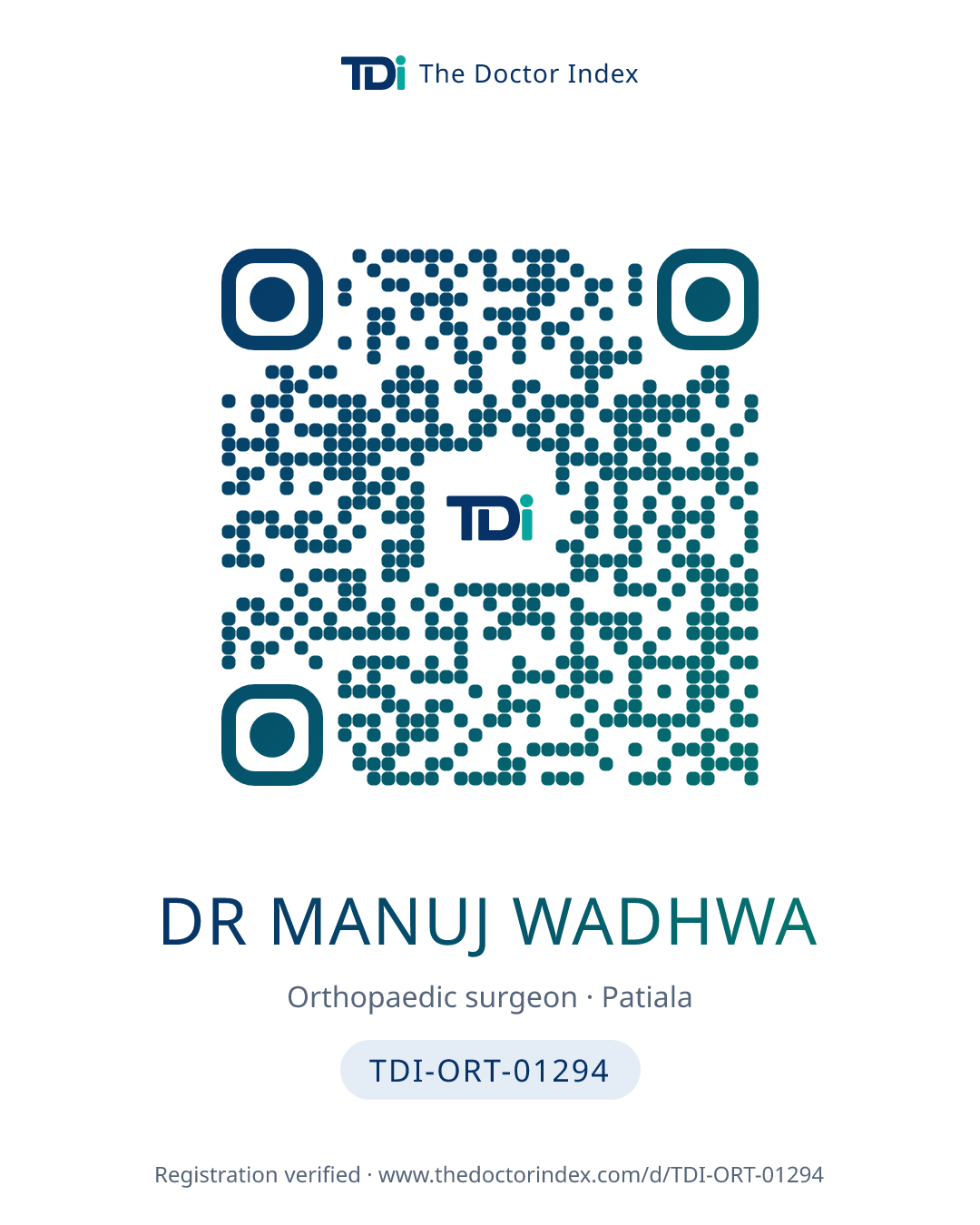 QR card for Dr Manuj Wadhwa, TDI-ORT-01294