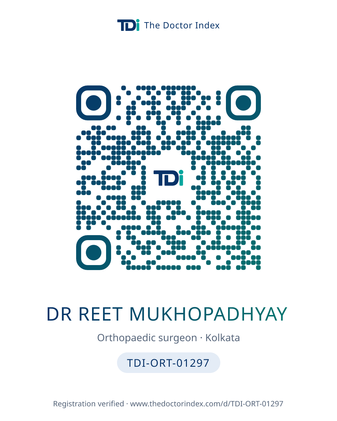 QR card for Dr Reet Mukhopadhyay, TDI-ORT-01297