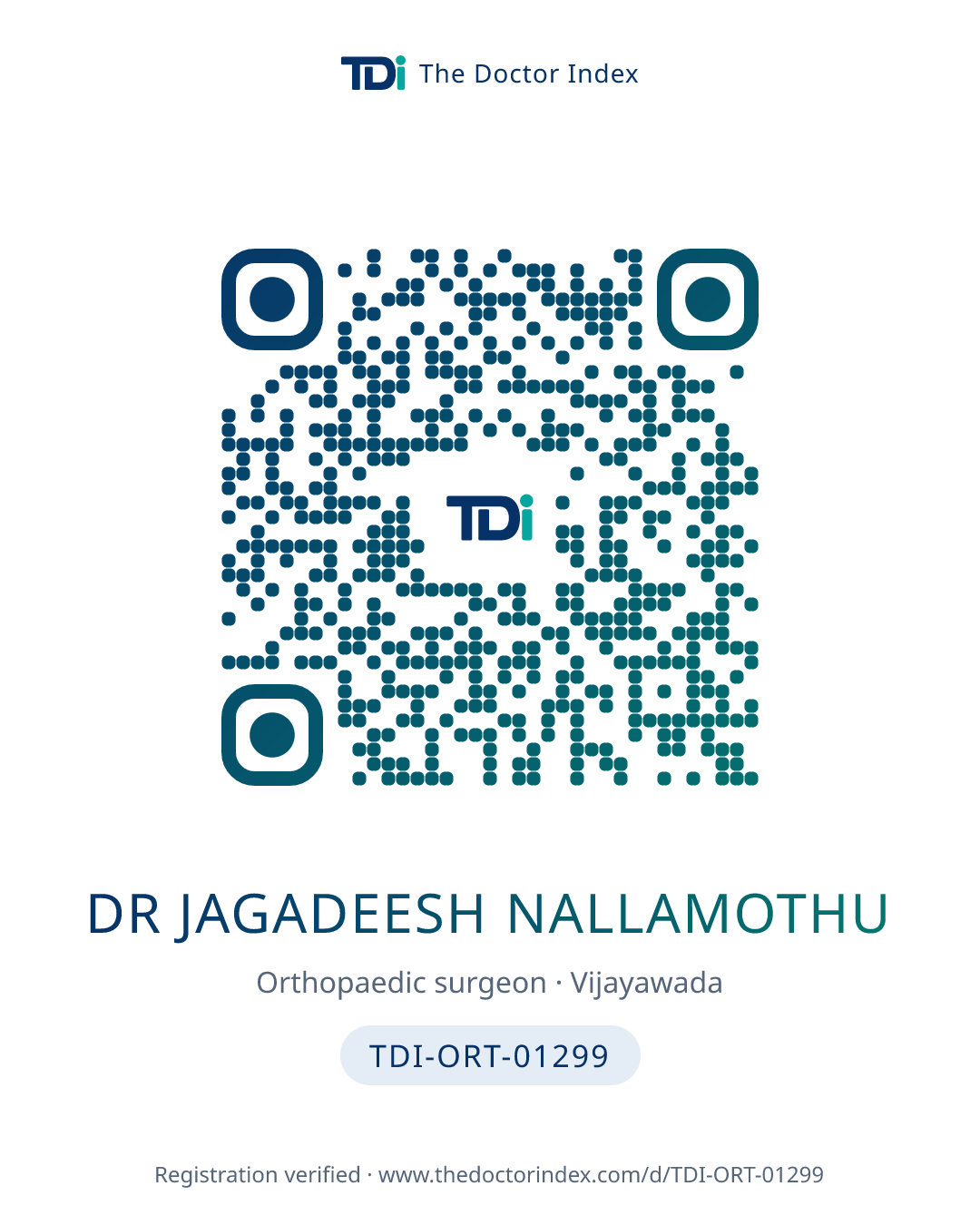 QR card for Dr Jagadeesh Nallamothu, TDI-ORT-01299