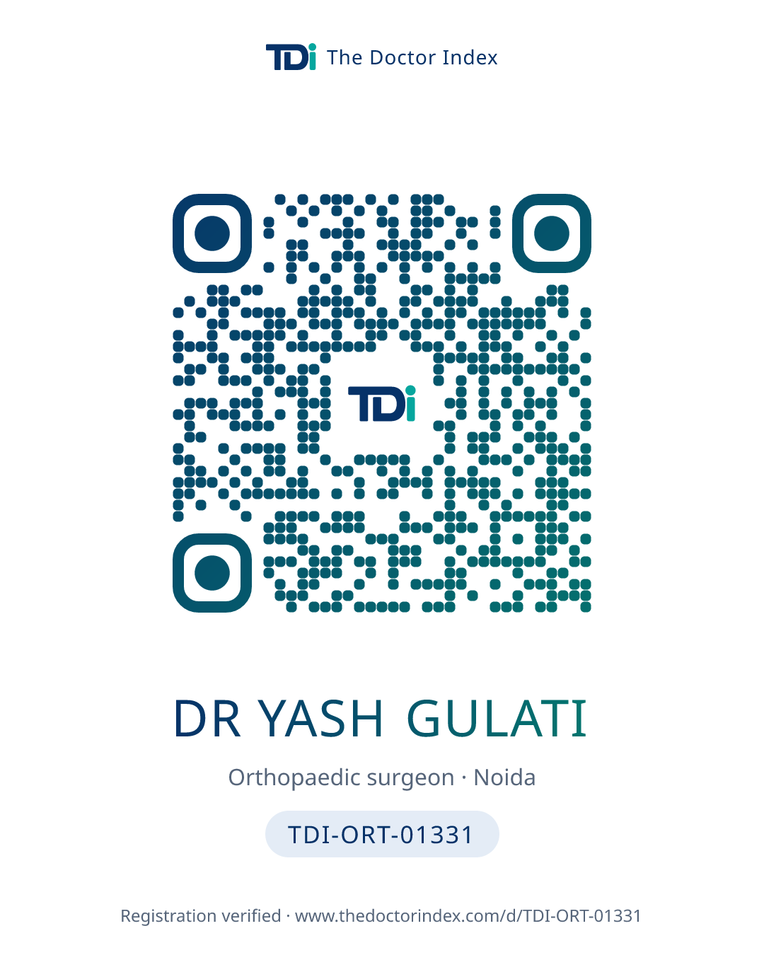 QR card for Dr Yash Gulati, TDI-ORT-01331