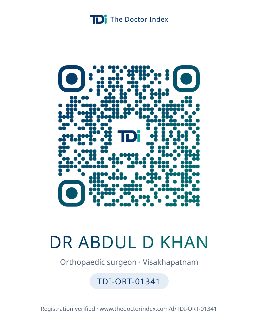 QR card for Dr Abdul D Khan, TDI-ORT-01341
