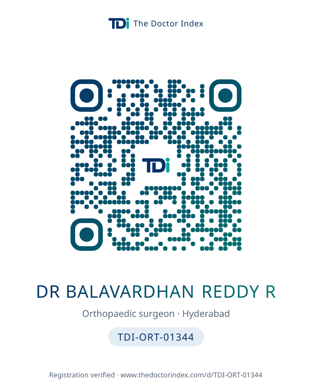 QR card for Dr Balavardhan Reddy R, TDI-ORT-01344