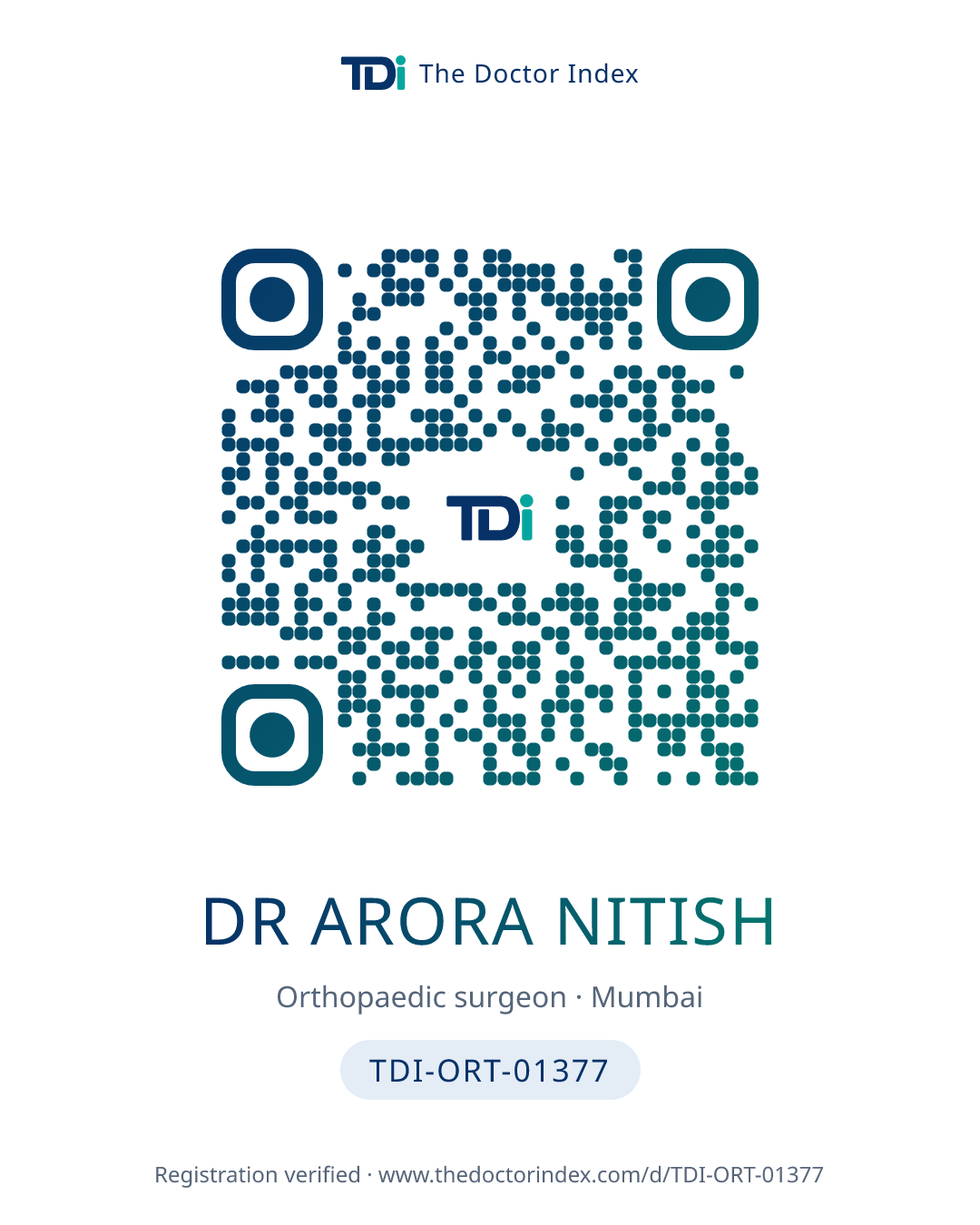 QR card for Dr Arora Nitish, TDI-ORT-01377