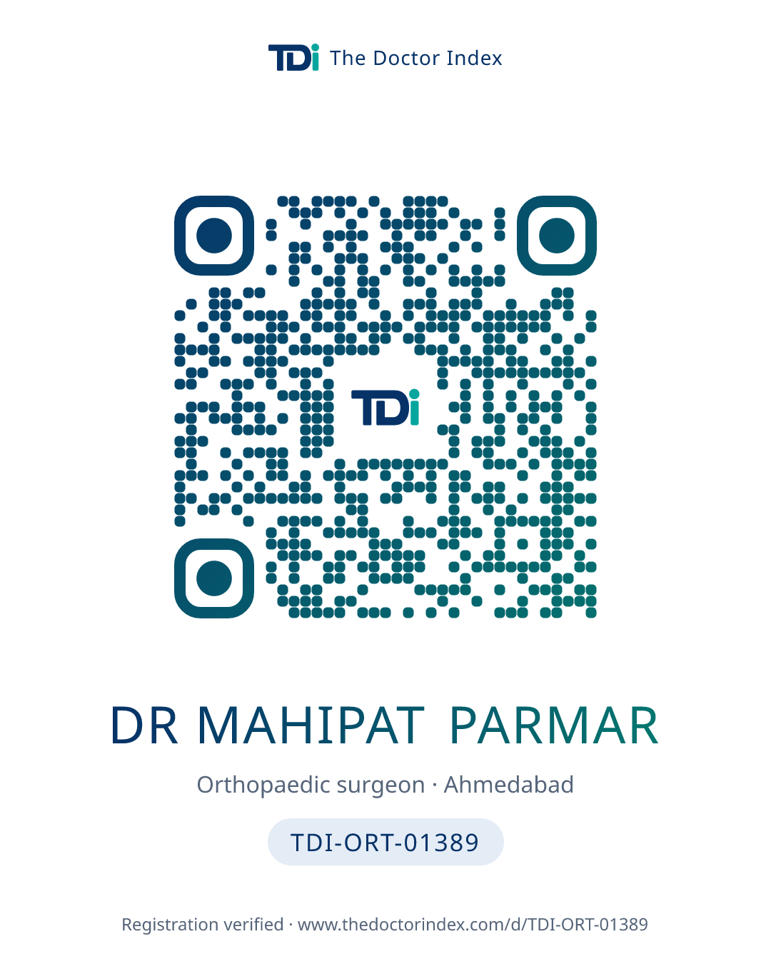 QR card for Dr Mahipat Parmar, TDI-ORT-01389