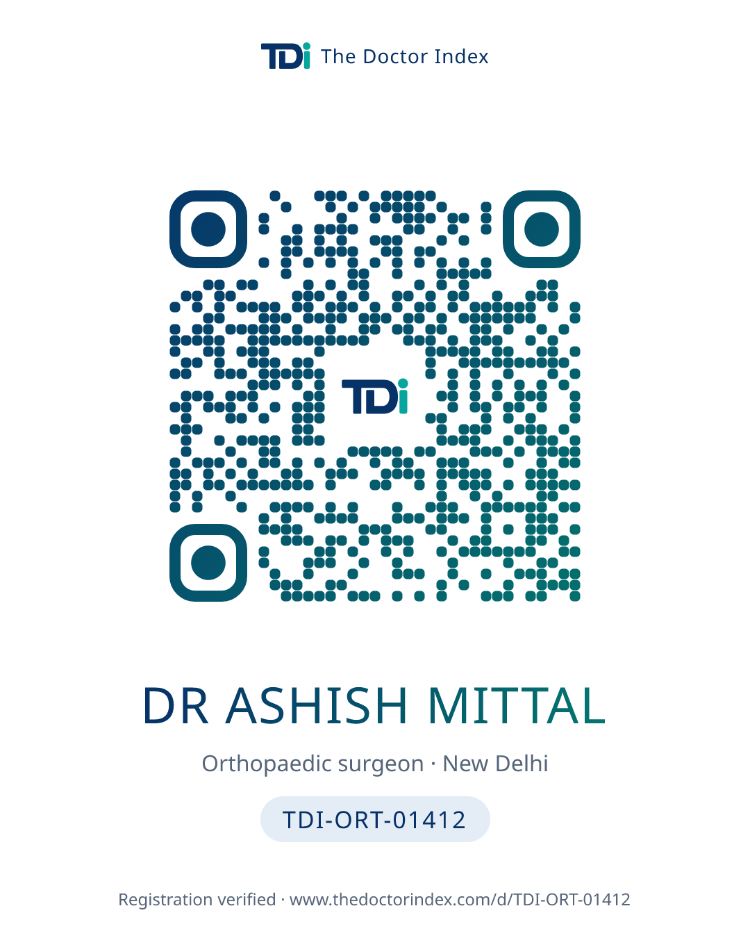QR card for Dr Ashish Mittal, TDI-ORT-01412