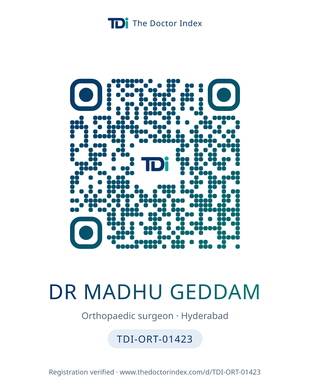 QR card for Dr Madhu Geddam, TDI-ORT-01423