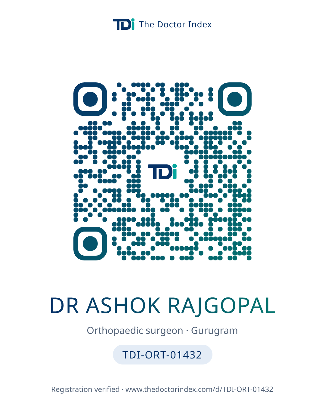 QR card for Dr Ashok Rajgopal, TDI-ORT-01432