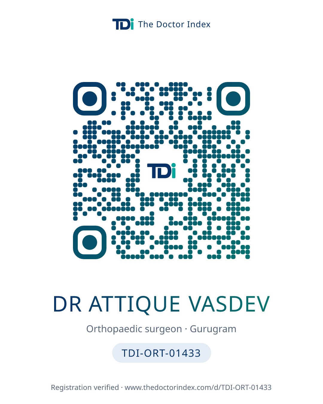 QR card for Dr Attique Vasdev, TDI-ORT-01433