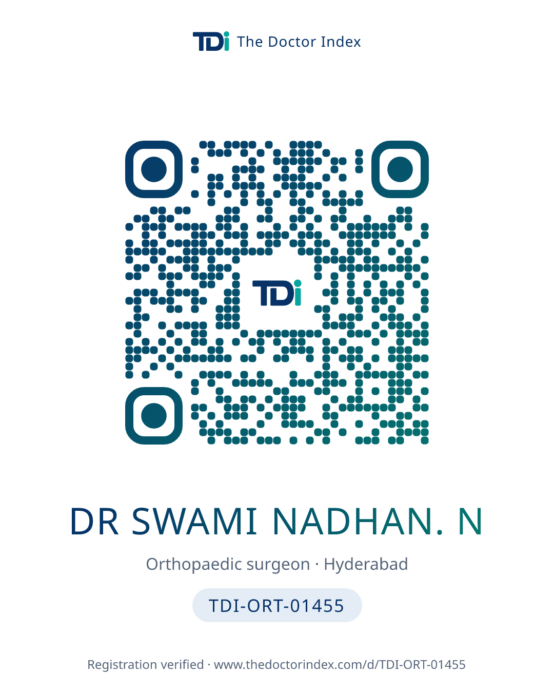 QR card for Dr Swami Nadhan. N, TDI-ORT-01455