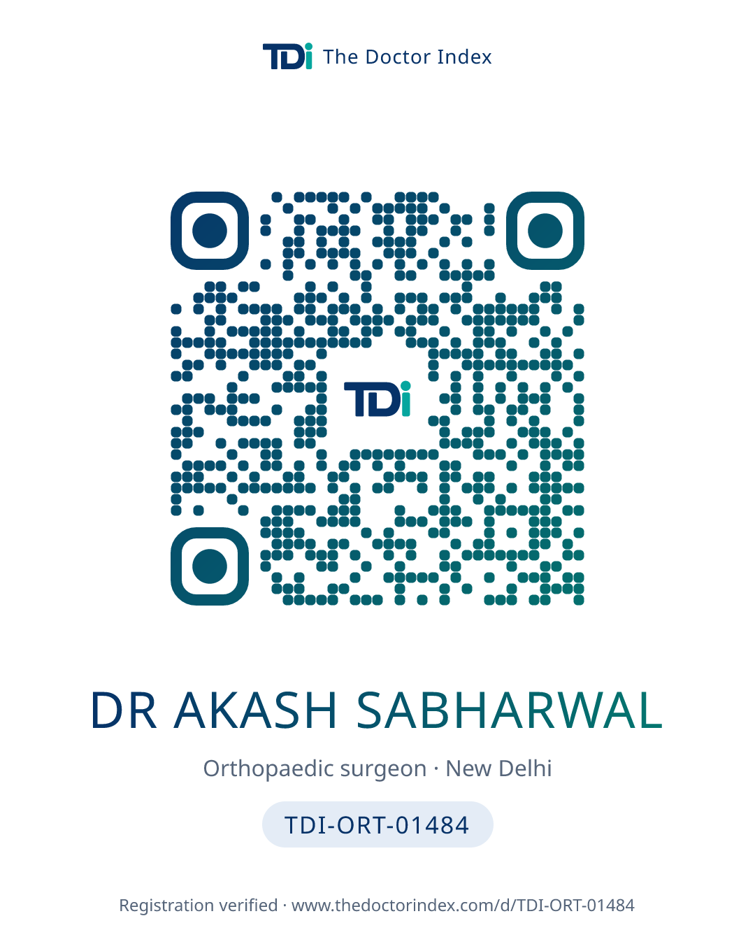 QR card for Dr Akash Sabharwal, TDI-ORT-01484