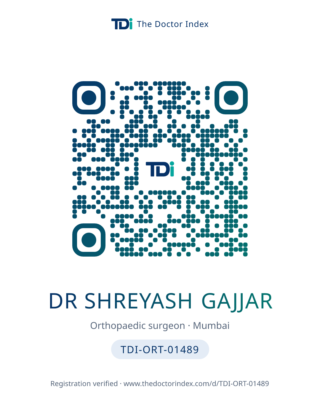 QR card for Dr Shreyash Gajjar, TDI-ORT-01489