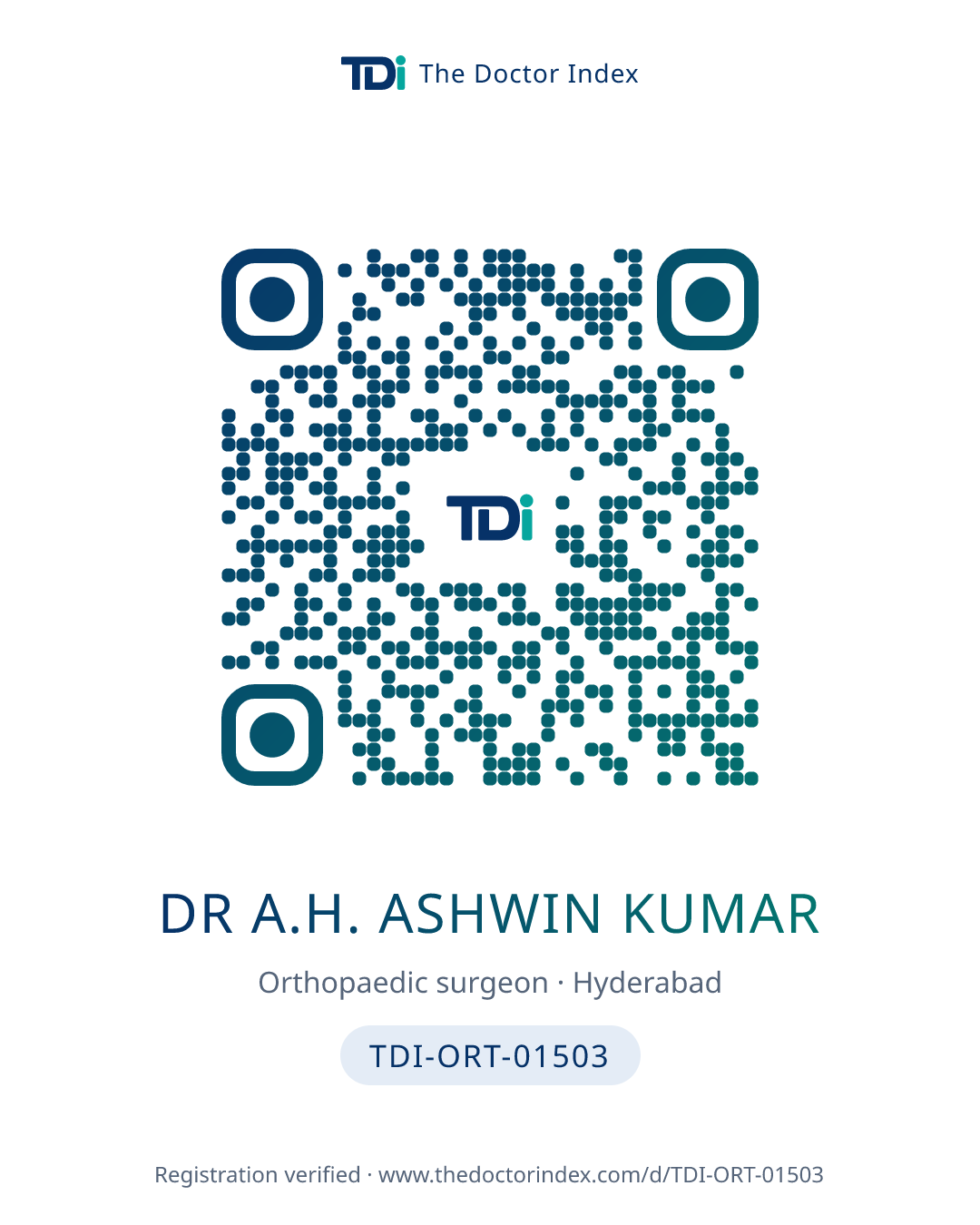 QR card for Dr A.H. Ashwin Kumar, TDI-ORT-01503