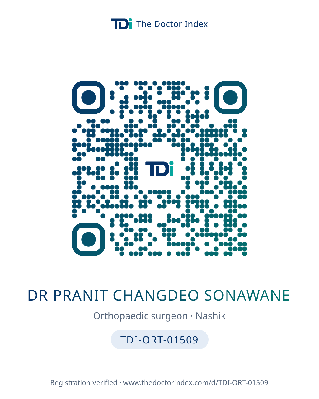 QR card for Dr Pranit Changdeo Sonawane, TDI-ORT-01509