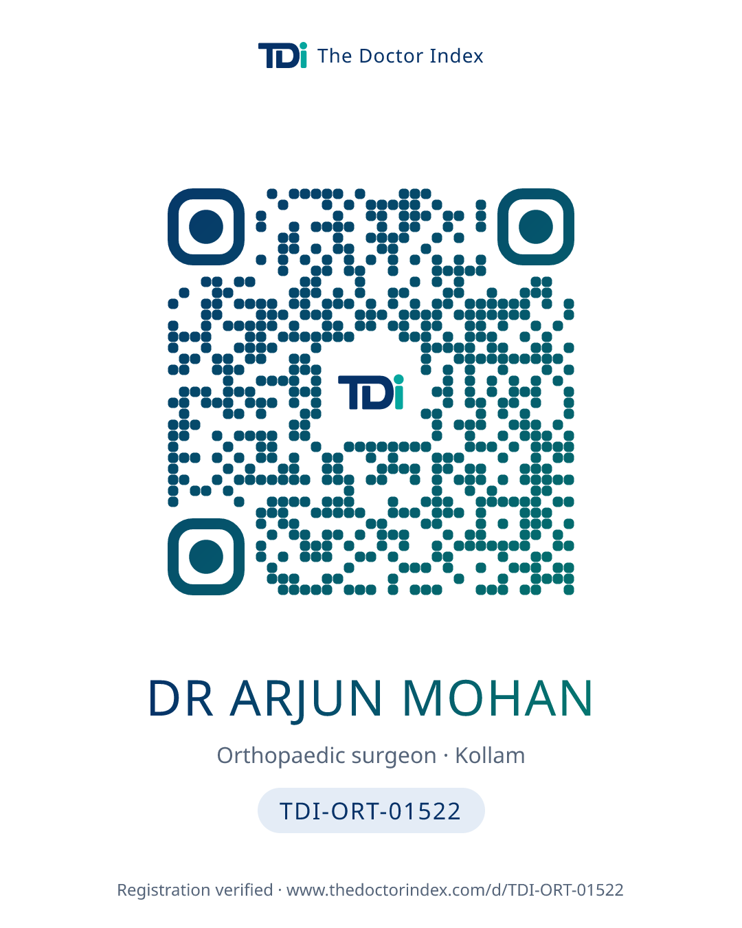 QR card for Dr Arjun Mohan, TDI-ORT-01522