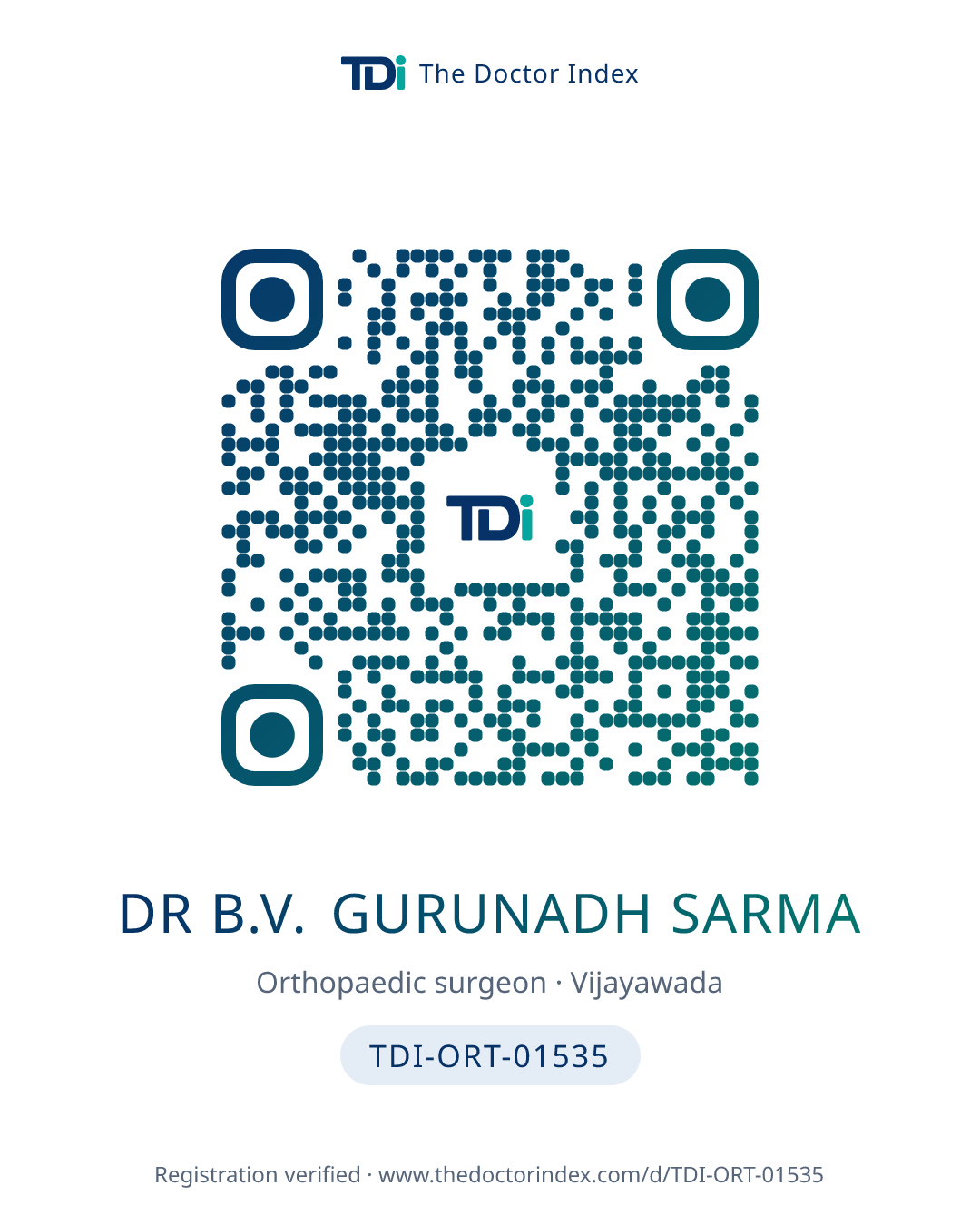 QR card for Dr B.V. GURUNADH SARMA, TDI-ORT-01535