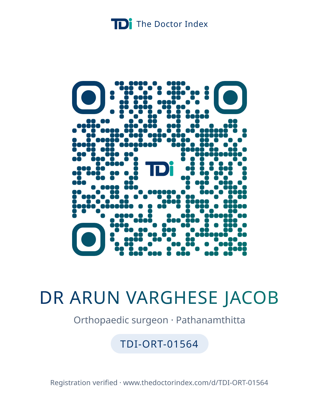 QR card for Dr Arun Varghese Jacob, TDI-ORT-01564