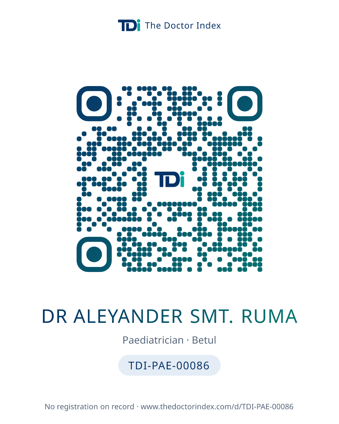 QR card for Dr Aleyander Smt. Ruma, TDI-PAE-00086