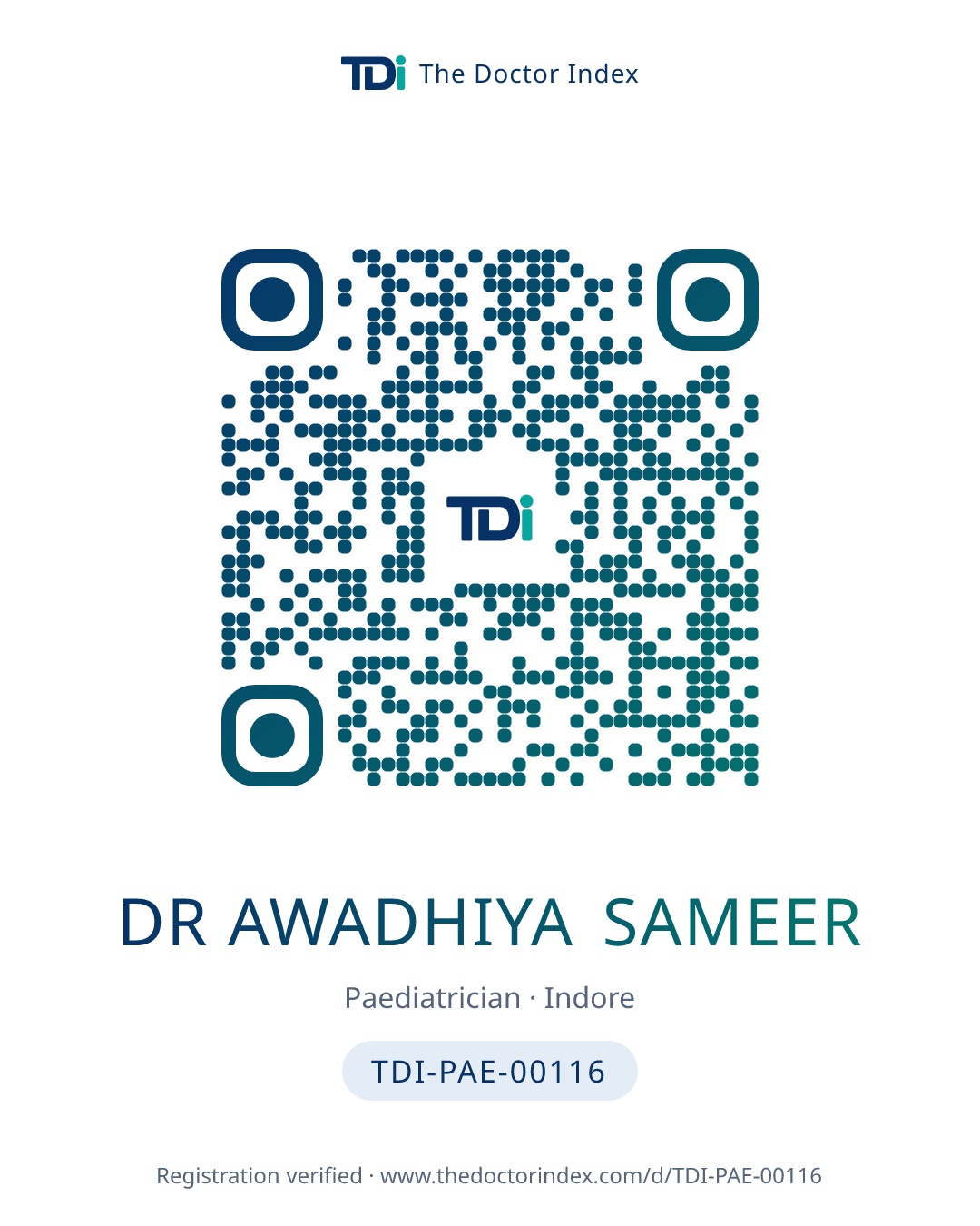 QR card for Dr Awadhiya Sameer, TDI-PAE-00116