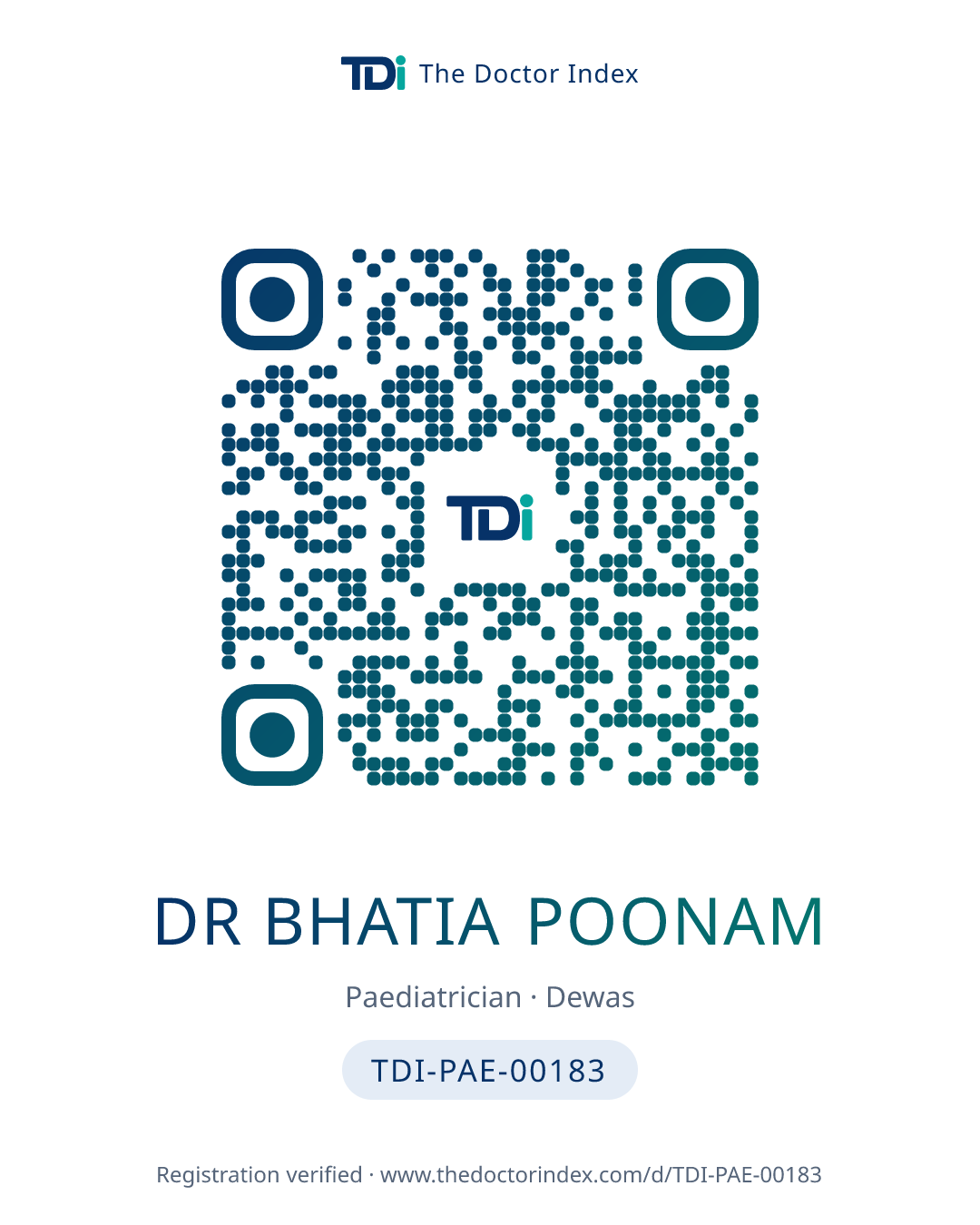 QR card for Dr Bhatia Poonam, TDI-PAE-00183
