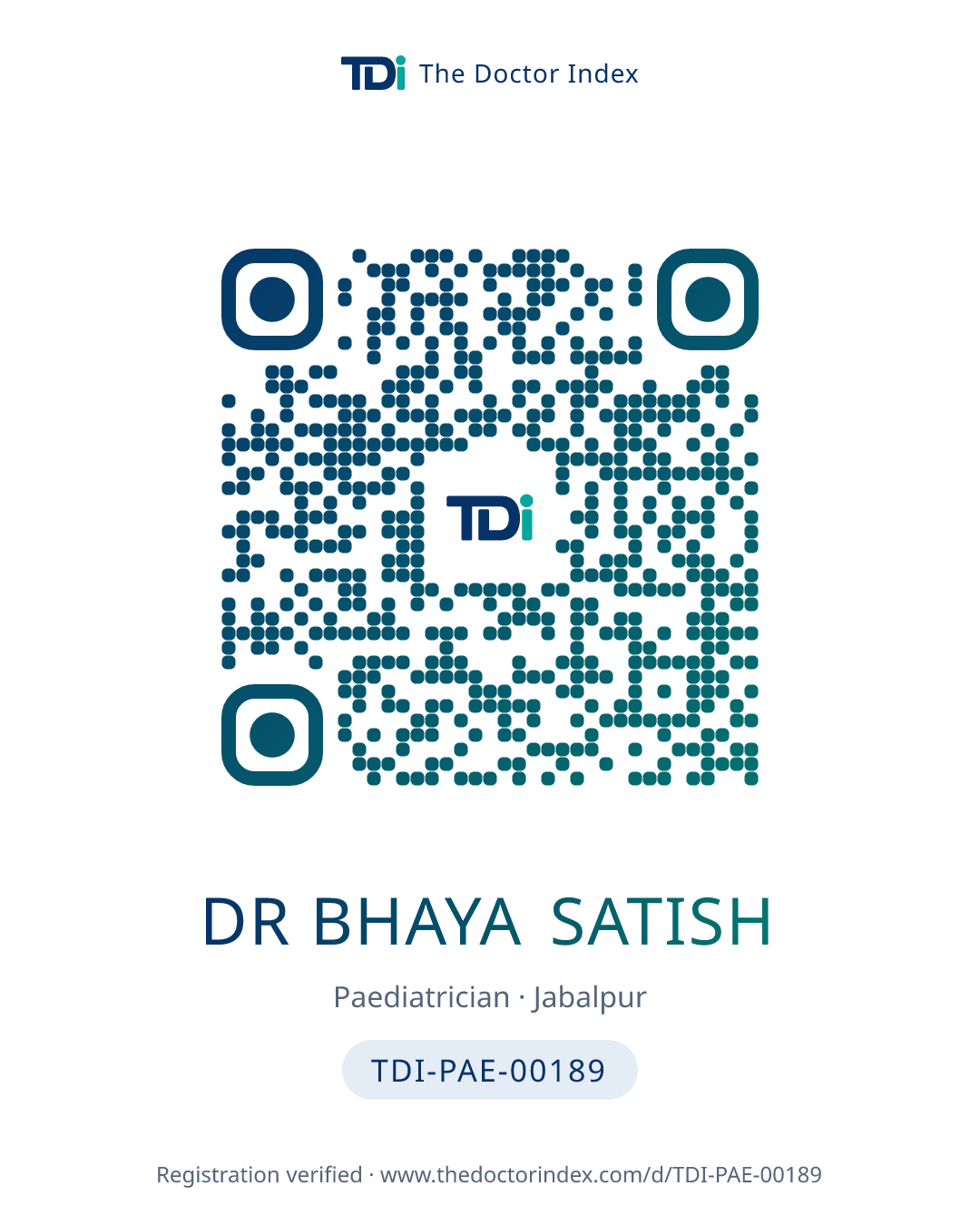 QR card for Dr Bhaya Satish, TDI-PAE-00189