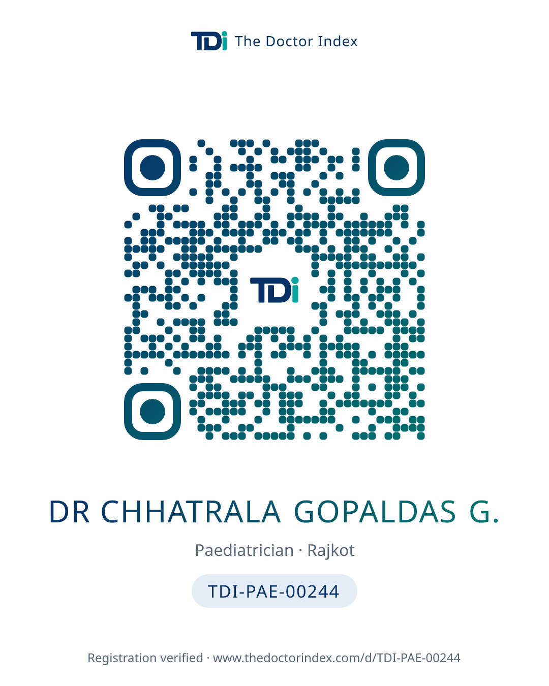 QR card for Dr Chhatrala Gopaldas G., TDI-PAE-00244