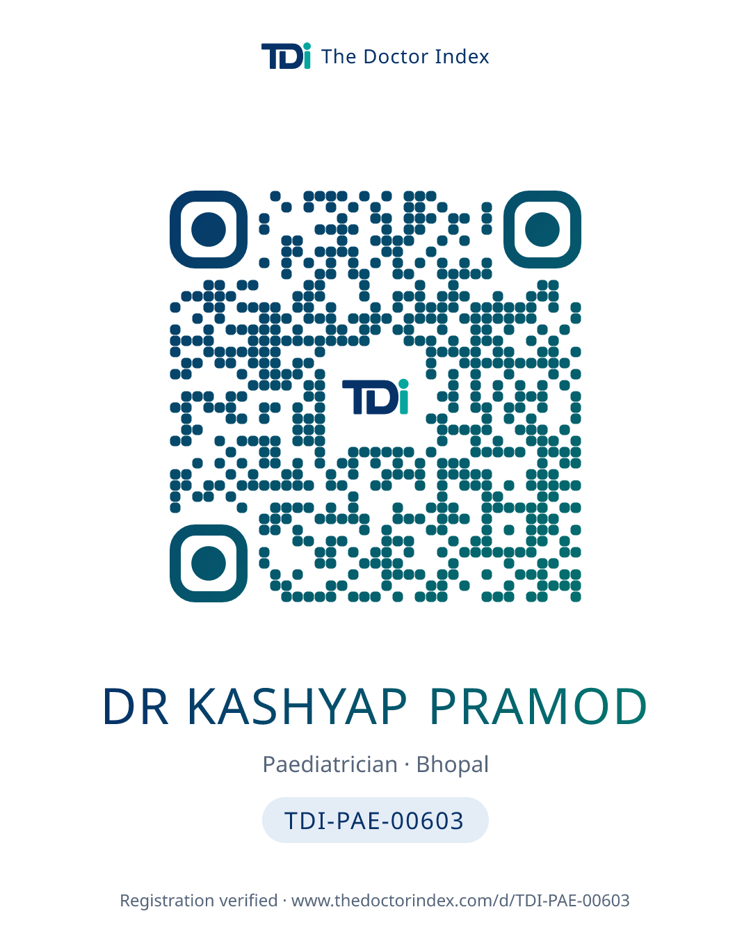 QR card for Dr Kashyap Pramod, TDI-PAE-00603