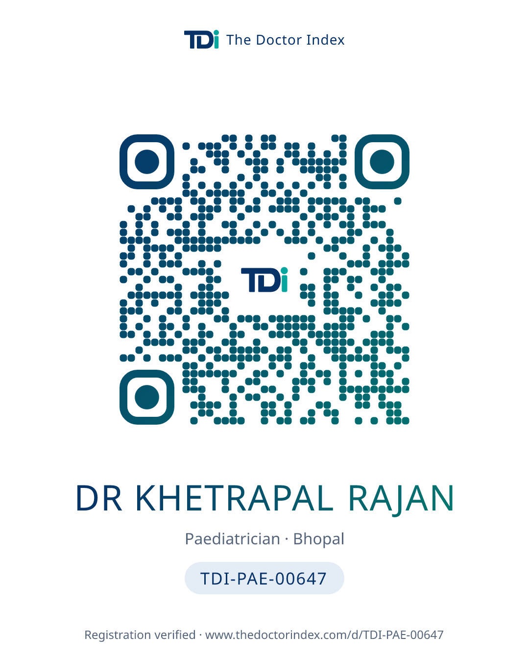 QR card for Dr Khetrapal Rajan, TDI-PAE-00647