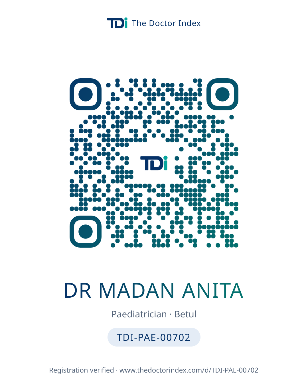 QR card for Dr Madan Anita, TDI-PAE-00702