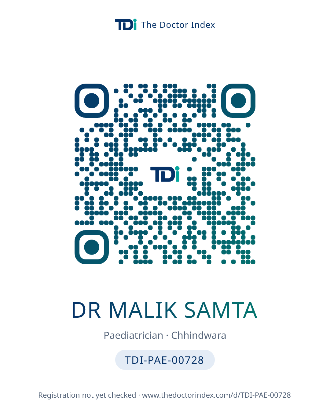 QR card for Dr Malik Samta, TDI-PAE-00728