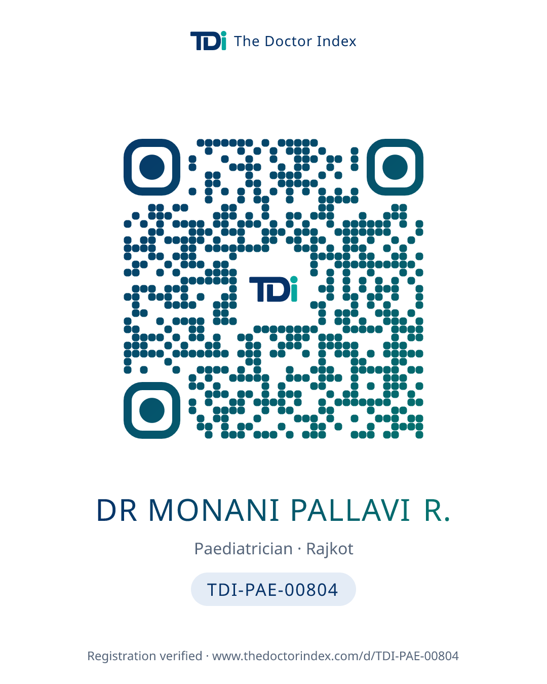 QR card for Dr Monani Pallavi R., TDI-PAE-00804