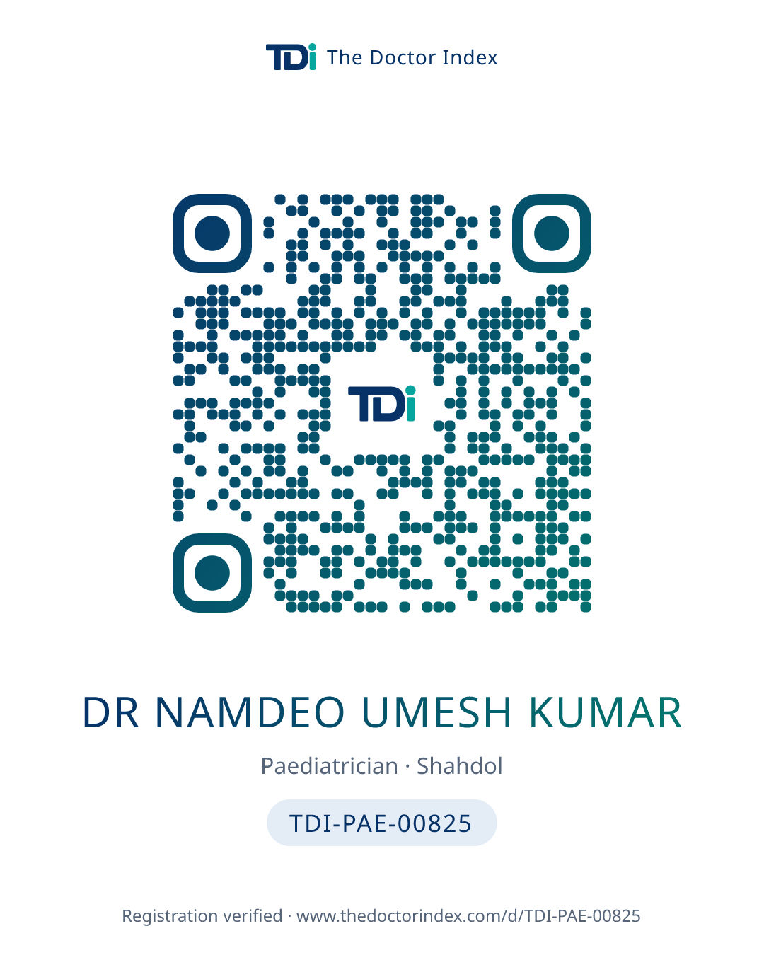 QR card for Dr Namdeo Umesh Kumar, TDI-PAE-00825