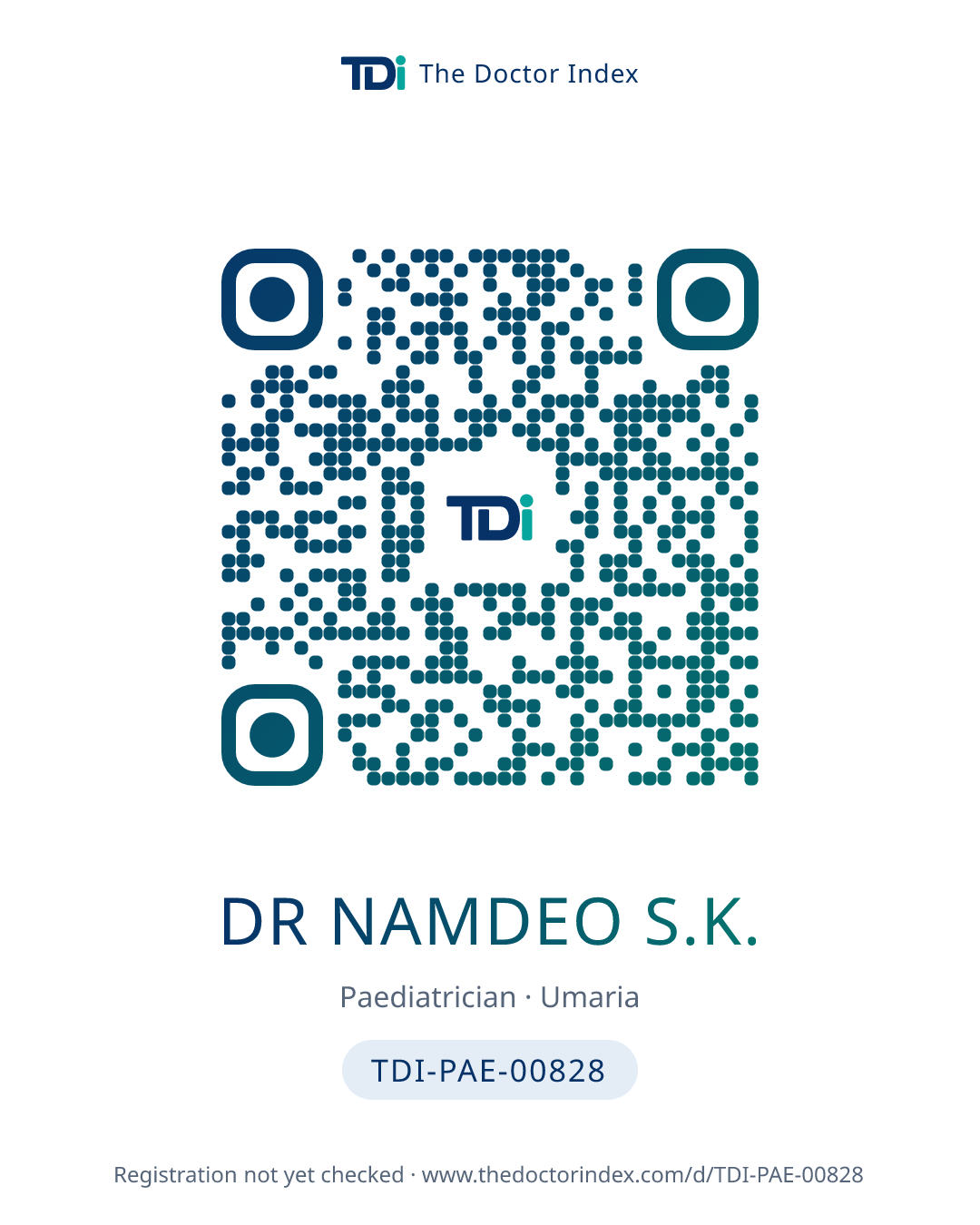 QR card for Dr Namdeo S.K., TDI-PAE-00828