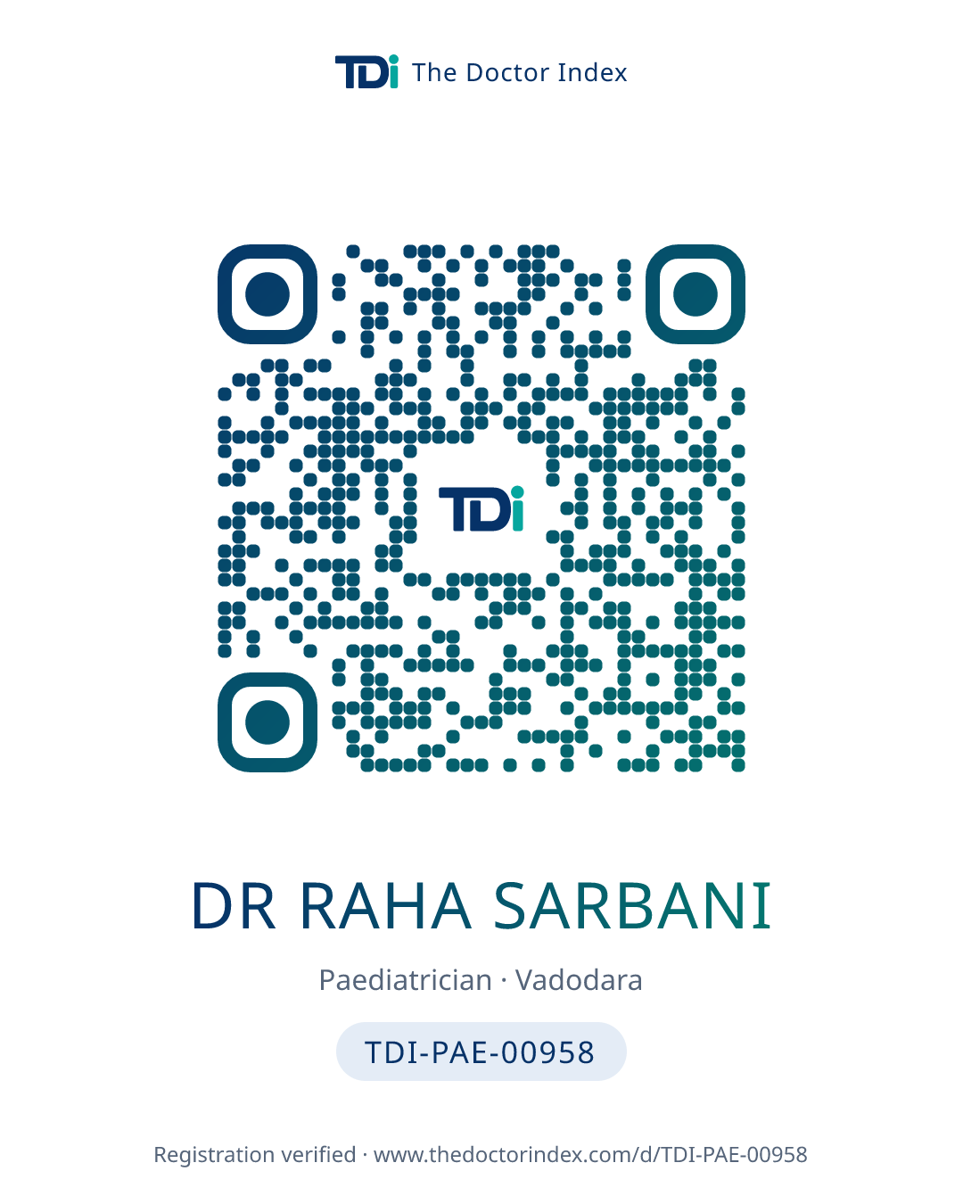 QR card for Dr Raha Sarbani, TDI-PAE-00958
