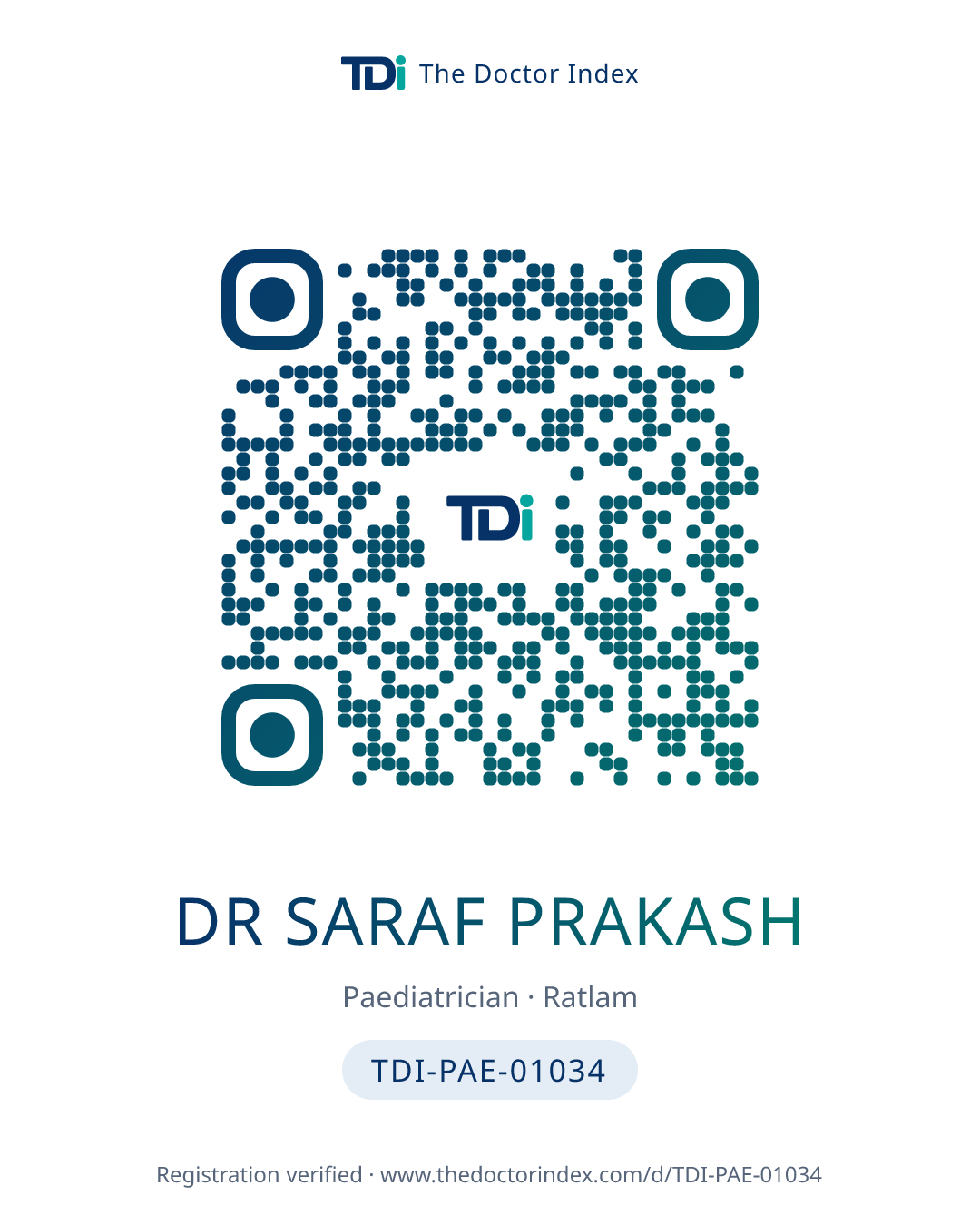QR card for Dr Saraf Prakash, TDI-PAE-01034